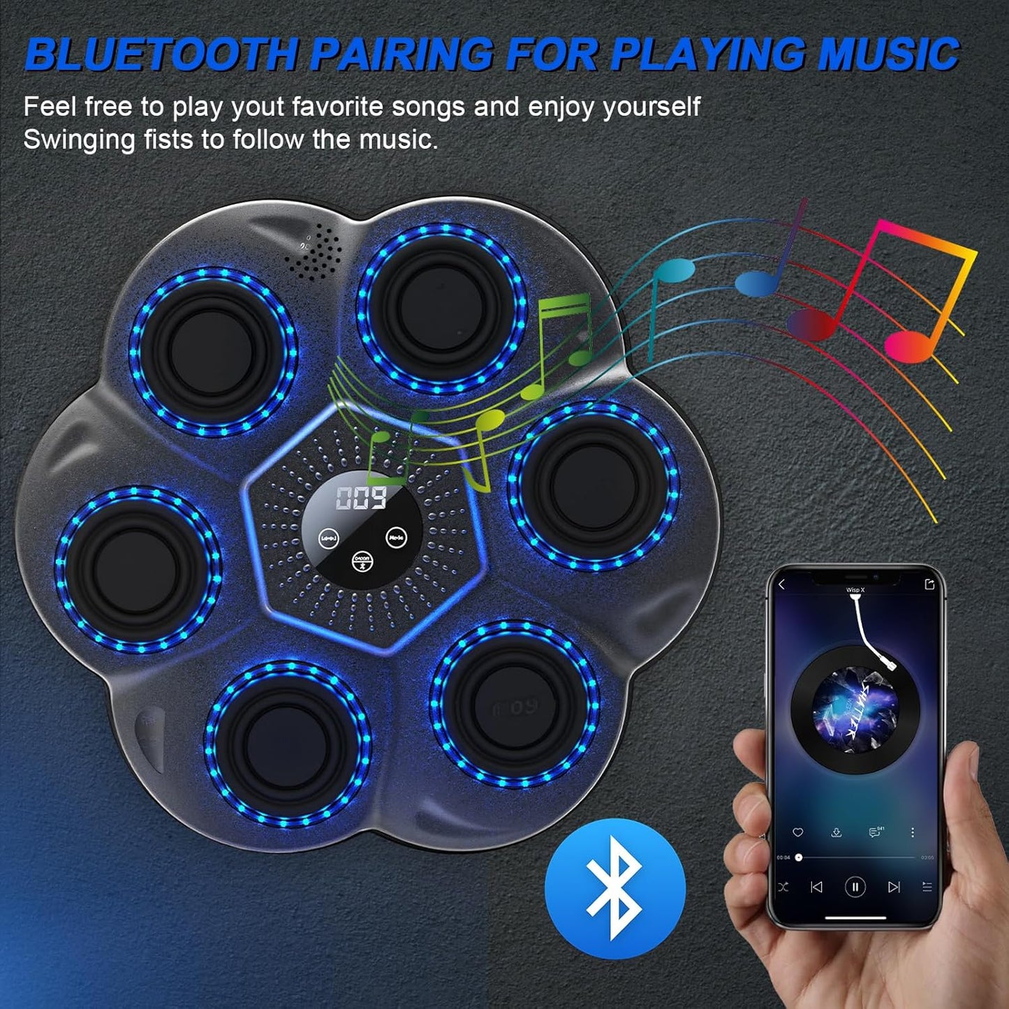 Placa de box inteligenta MACVI® cu muzica si LED, aparat de antrenament perete cu Bluetooth, reactie rapida, manusi de box incluse