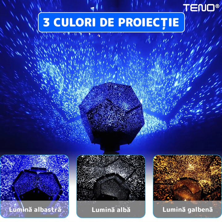 Lampa de Veghe Teno®, proiector de stele si constelatii, rotativ, inclinabil, constelatii, 3 culori, albastru, alb, galben, lumina de noapte, arie mare de acoperire, 25 x 12 cm, negru