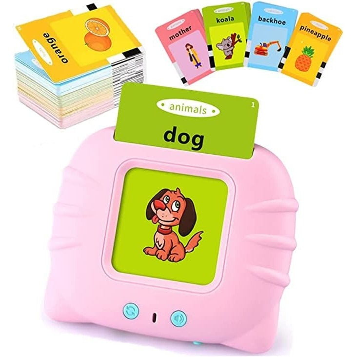 Jucarie educativa Montessori Macvi® masina de invatare limba engleza cu cititor carduri flash 112 carduri 224 cuvinte sunete interactive incarcare MicroUSB Roz 2 ani+