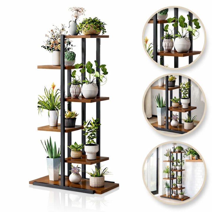 Suport plante Macvi® tip etajera asimetrica cu 6 rafturi, structura metalica rezistenta, rafturi lemn, suport flori interior, design modern pentru living balcon birou, 60x21.6x123 cm