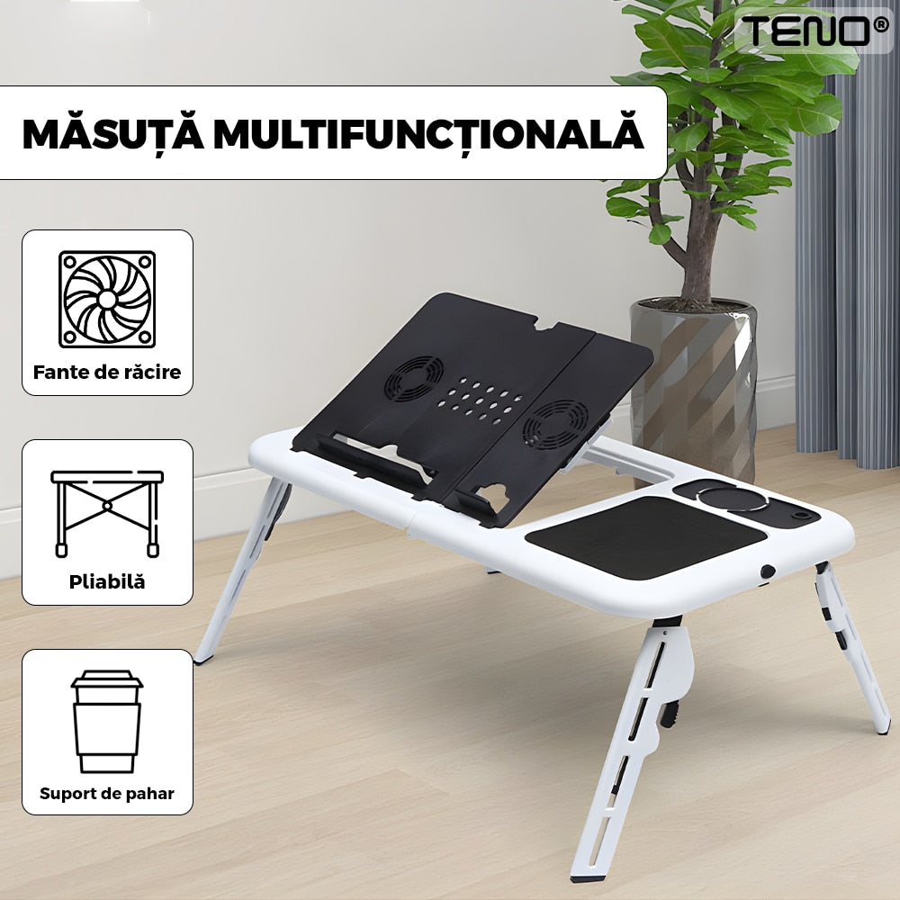 Masuta Universala Teno®, pliabila, pentru laptop/tableta/ mic dejun la pat, sistem cu fante de racire, suport pentru pahar, unghi reglabil, usor de depozitat, alb/negru