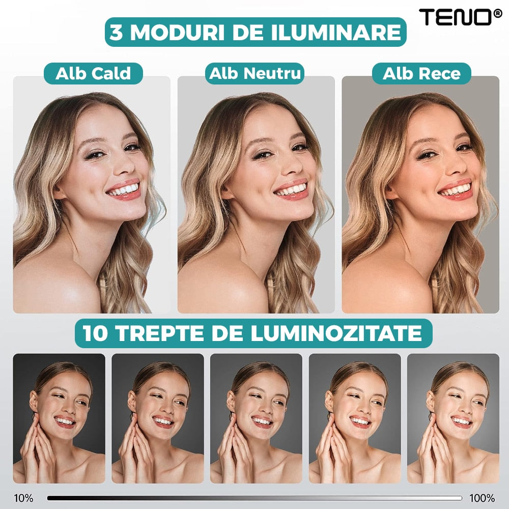 Lampa Circulara Ring Light Teno®, Diametru 56cm/22 Inch, 3 moduri de lumina, 10 trepte reglaj, telecomanda si trepied 210 cm incluse, suport triplu telefon, compatibilitate universala, alb