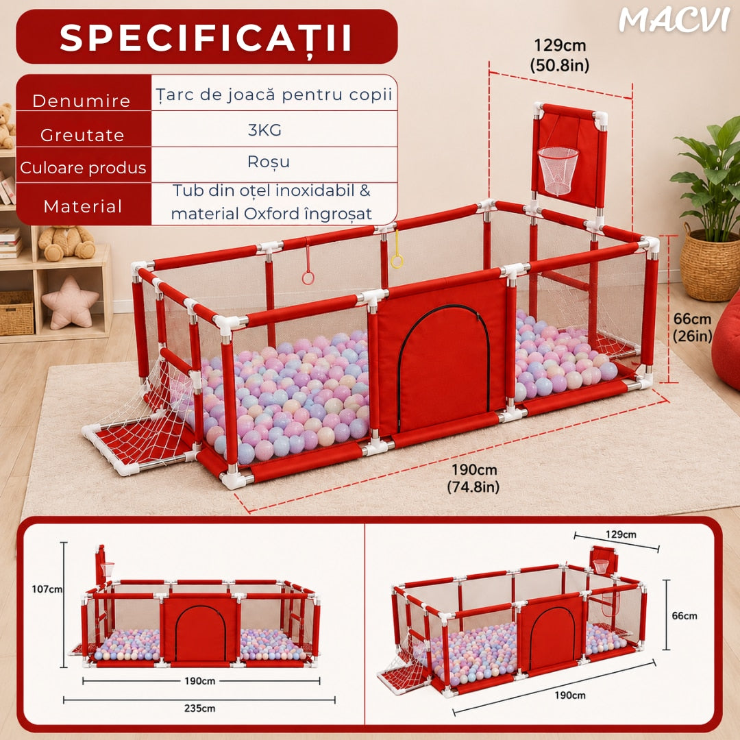 Tarc pentru copii Macvi® 100 bile incluse, gard de siguranta, 6 luni - 6 ani, 190x129x66 cm, usor de montat, otel inoxidabil, rosu