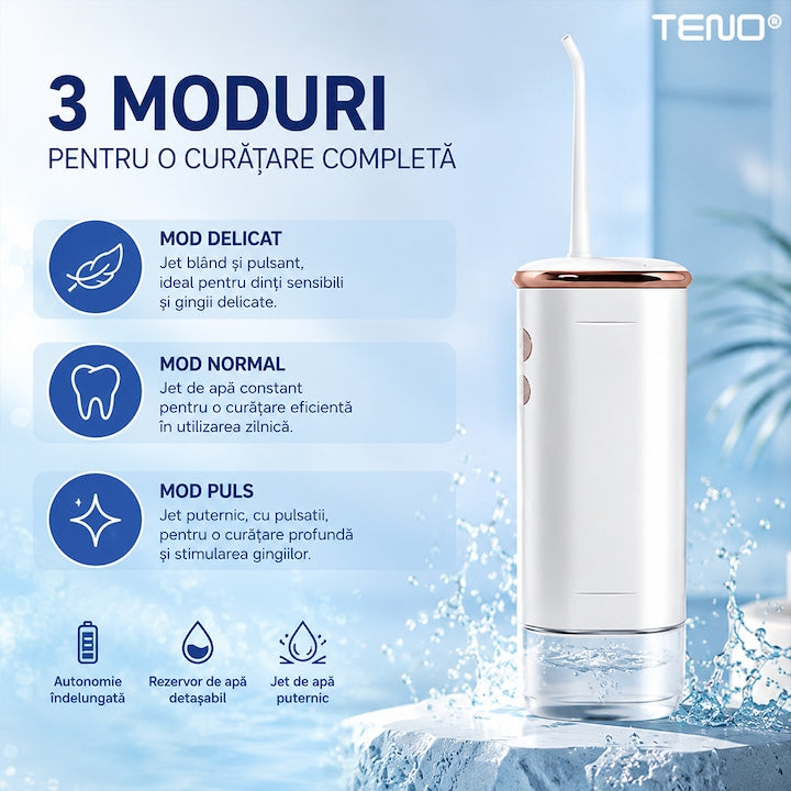 Irigator Bucal Portabil Teno®, compact, eficienta ridicata, jet cu presiune, anti-tartru, alb