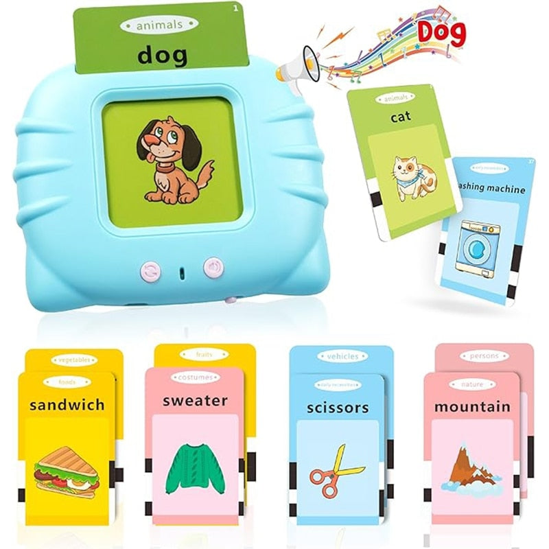 Jucarie educativa Montessori Macvi® masina de invatare limba engleza cu cititor carduri flash 112 carduri 224 cuvinte sunete interactive incarcare MicroUSB Roz 2 ani+