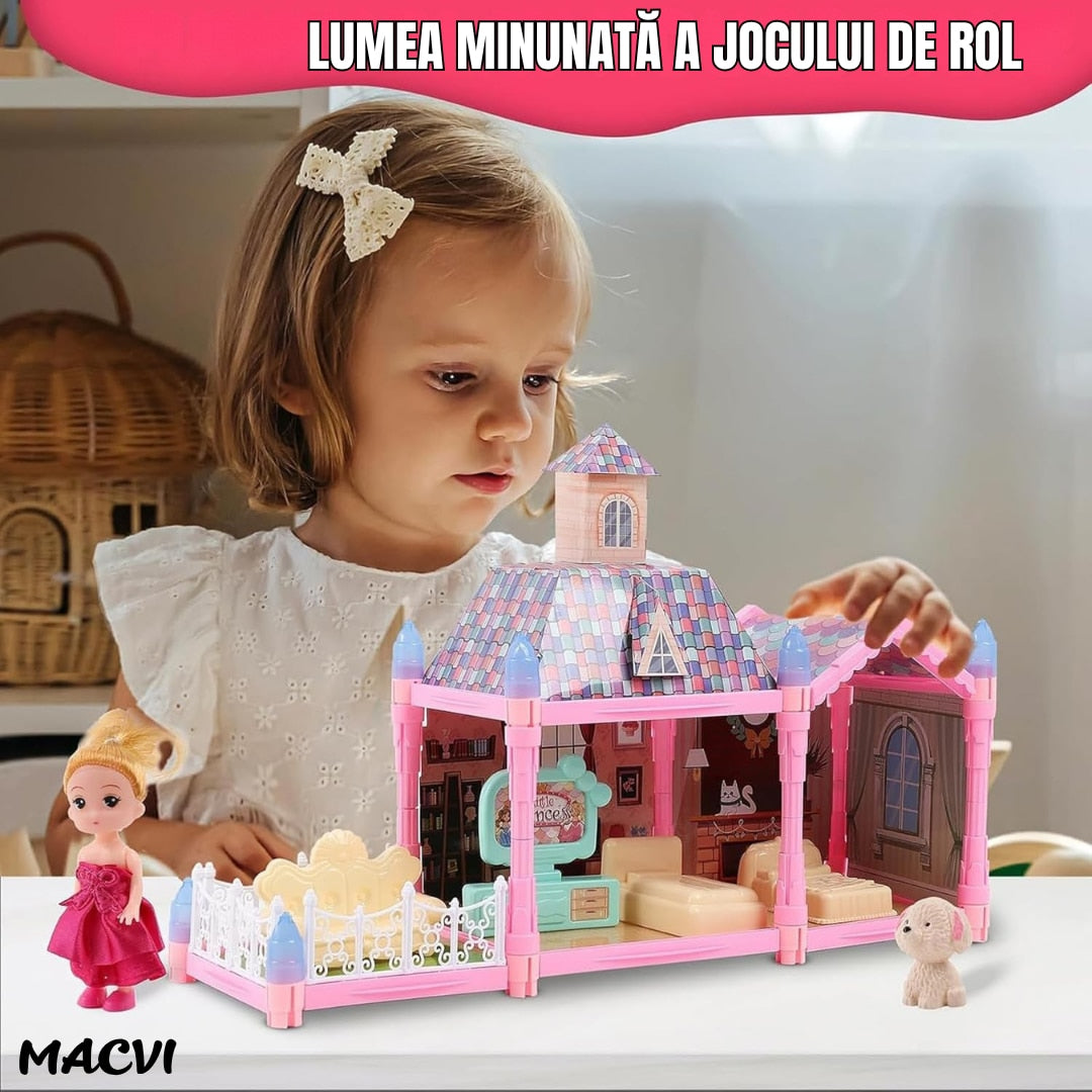 Casuta de asamblat luminoasa Macvi®, 71 piese, mobilier si accesorii detasabile, functie de iluminare, plastic ABS durabil, multicolor, cadou pentru copii 3+