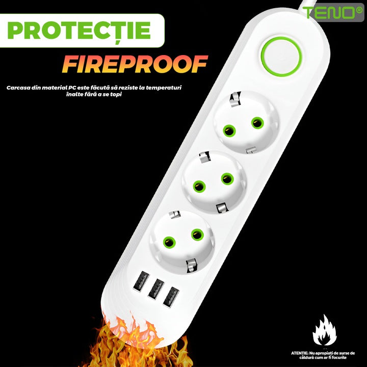 Prelungitor Teno®, 3 prize, 3 porturi USB, intrerupator, suport de agatare incorporat, rezistent la temperaturi inalte, universal, lungime 2 metri, alb