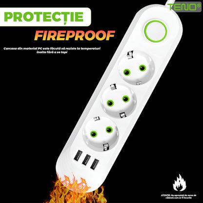 Prelungitor Teno®, 3 prize, 3 porturi USB, intrerupator, suport de agatare incorporat, rezistent la temperaturi inalte, universal, lungime 2 metri, alb