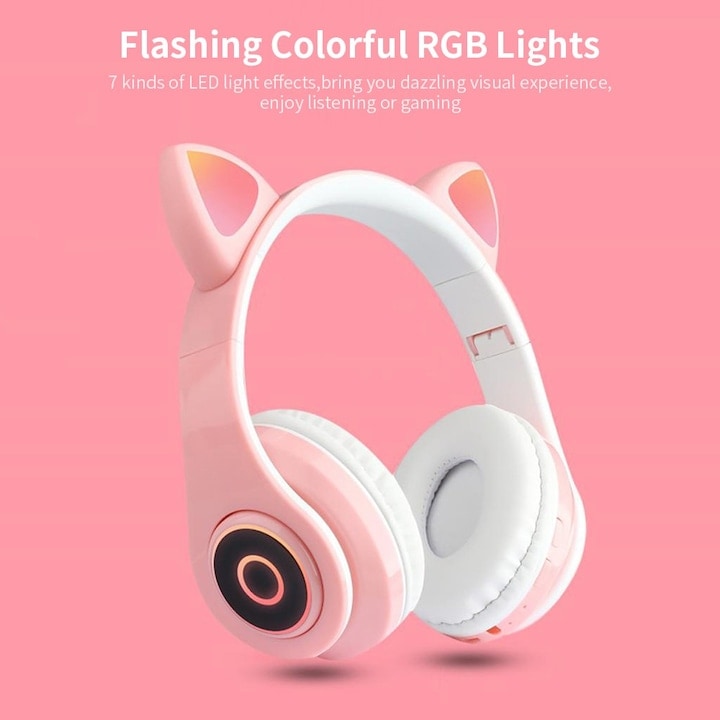 Casti Macvi® Wireless Pliabile cu Urechi de Pisica, Bluetooth 5.0, HiFi, Bass Stereo, LED, Roz