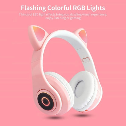 Casti Macvi® Wireless Pliabile cu Urechi de Pisica, Bluetooth 5.0, HiFi, Bass Stereo, LED, Roz