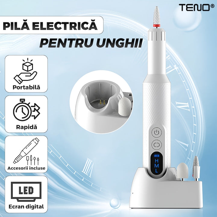 Pila Electrica Profesionala pentru Unghii Teno®, freza wireless, 18000 RPM, ecran LED, manichiura-pedichiura, 12 capete pentru pila, 36 benzi de slefurie, portabila, alba
