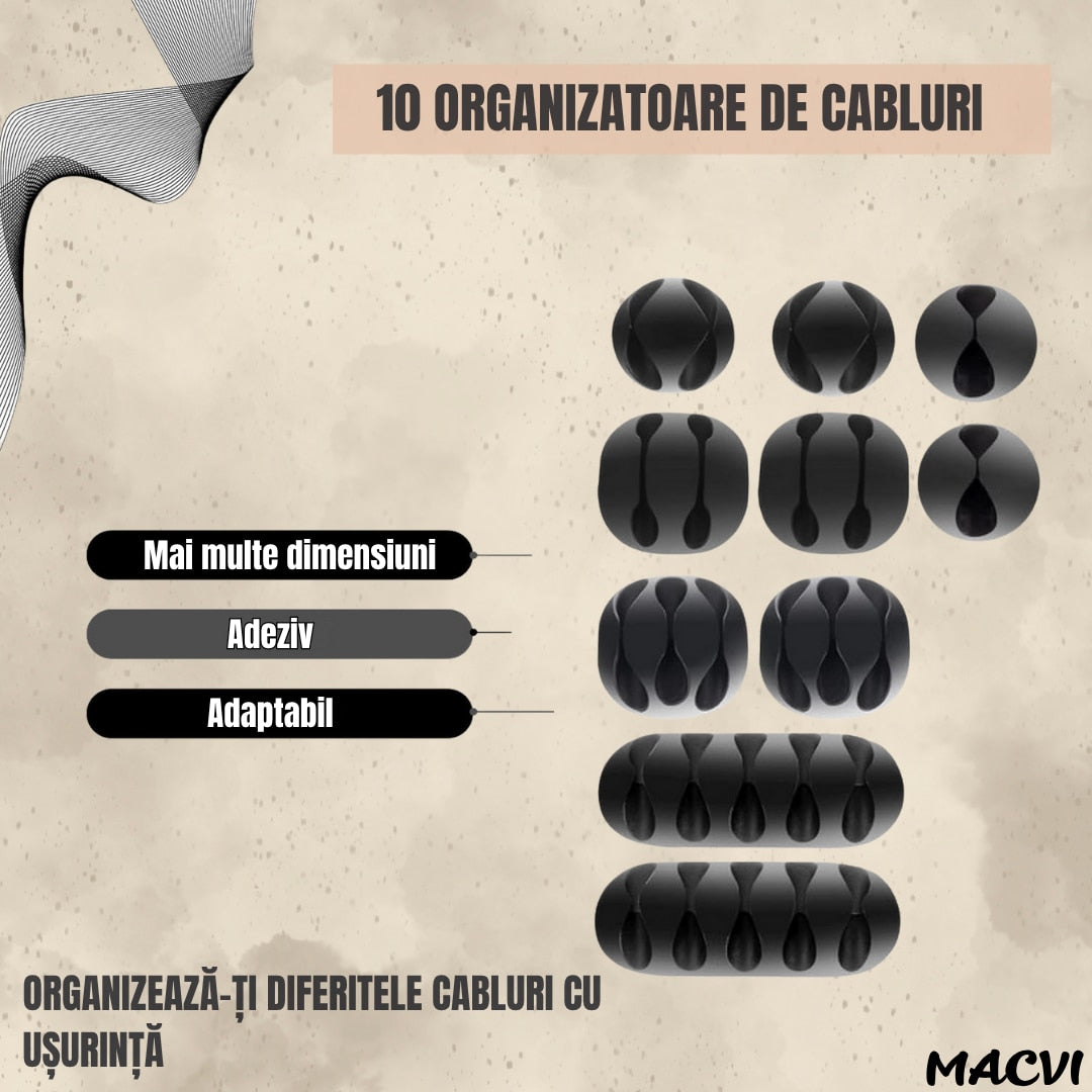 Set Macvi® suport organizare cabluri, 10 bucati, 5 dimensiuni diferite, autoadeziv, negru