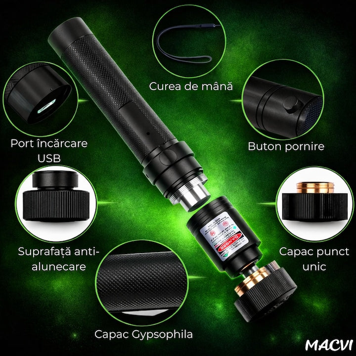 Laser Pointer Macvi® 405nm, 200mW, aluminiu, negru, cu blocare pentru copii, 100-500m