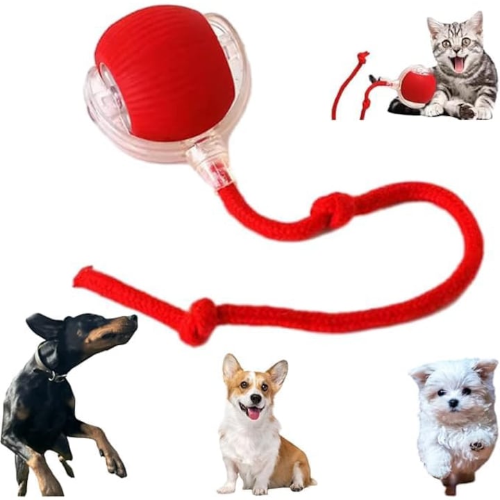 Jucarie interactiva electrica pentru caini si pisici PAPLIX - Minge cu autodeplasare, model dungat si coada cu franghie distractiva, Rosu