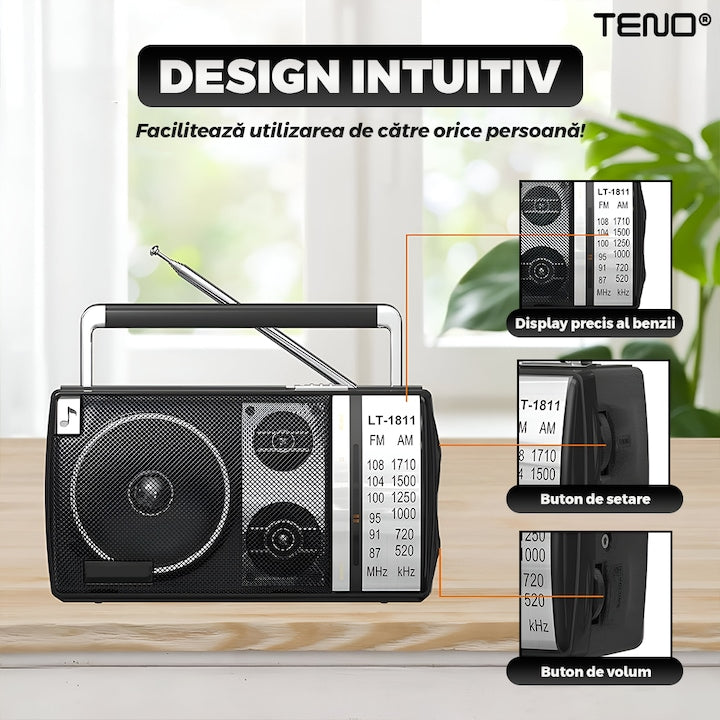Radio Portabil Teno®, FM/AM, mod dual de alimentare, baterii/la priza, receptie ridicata ce prinde posturi regionale/la sate, port jack 3.5 mm, negru