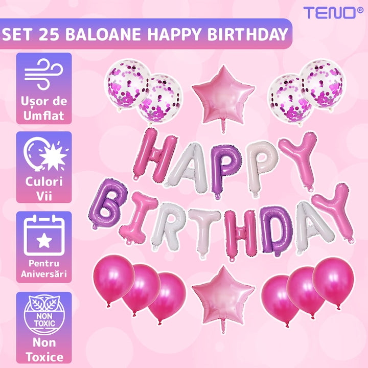 Set 25 Baloane Teno®, Litere, pentru Petreceri/Aniversari/Evenimente, confetti, stelute, model HAPPY BIRTHDAY, roz/mov/alb