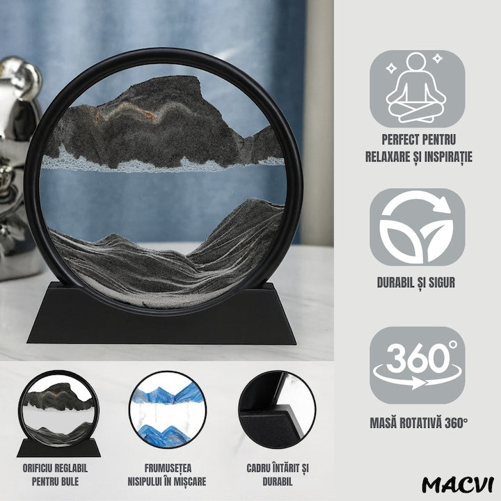 Obiect decorativ Macvi® cu efect 3D din nisip, masa rotativa 360°, baza din plastic, sticla si nisip, 18x19 cm, Negru