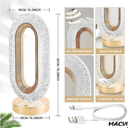 Lampa de masa Macvi® tip cristal eleganta, 3 culori, control touch, reincarcabila prin USB, acrilic modern