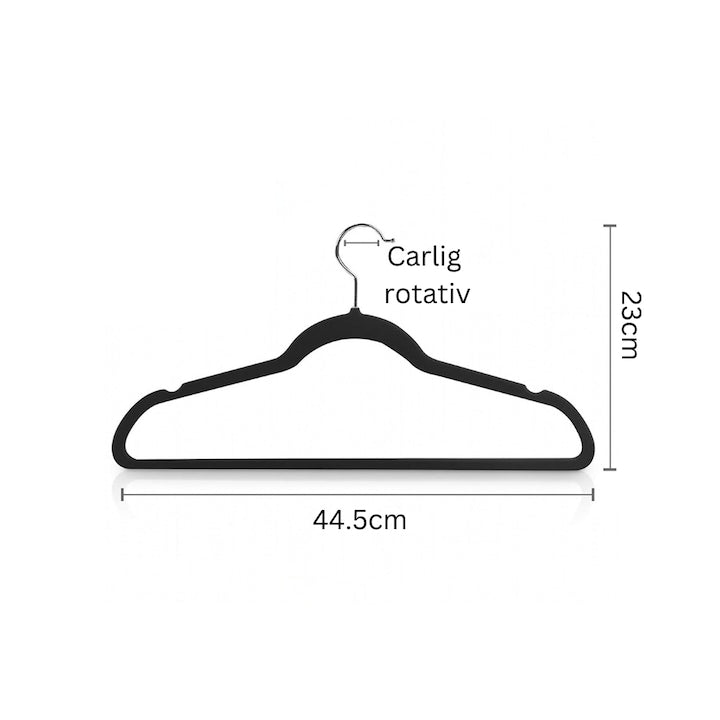 Set 16 umerase catifea Macvi®, antialunecare, 44.5 x 23 cm, carlig rotativ 360°, bara pantaloni, gri si negru