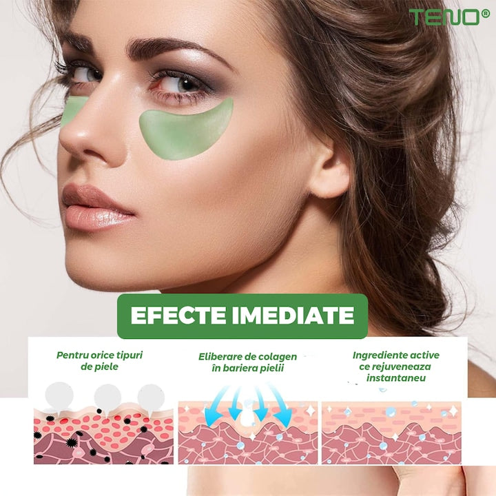 Set 60 de Plasturi pentru Ochi Teno®, cu alge marine, hialuronat de sodiu, hidratanti, pentru ingrijirea ochilor, lumineaza cercurile ochilor, reduc pungile de sub ochi, verde
