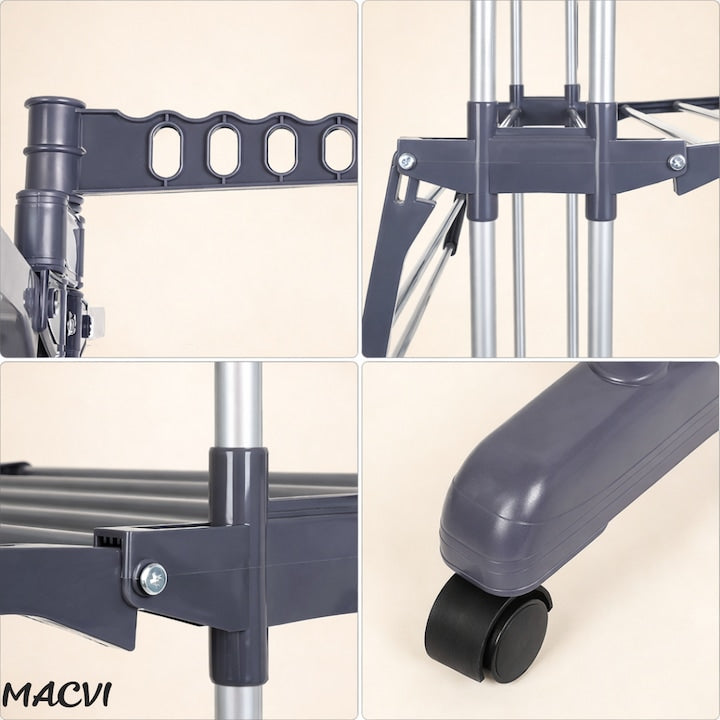 Uscator vertical pentru rufe Macvi®, cu 3 nivele de uscare, mobil si pliabil, suport umerase, gri