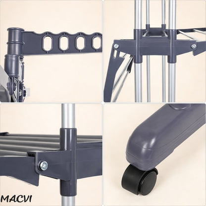 Uscator vertical pentru rufe Macvi®, cu 3 nivele de uscare, mobil si pliabil, suport umerase, gri