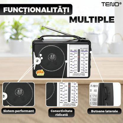 Radio Portabil Teno®, FM/AM/SW1/SW2,  alimentare pe baterii - neincluse, receptie ridicata ce prinde posturi regionale/la sate, negru