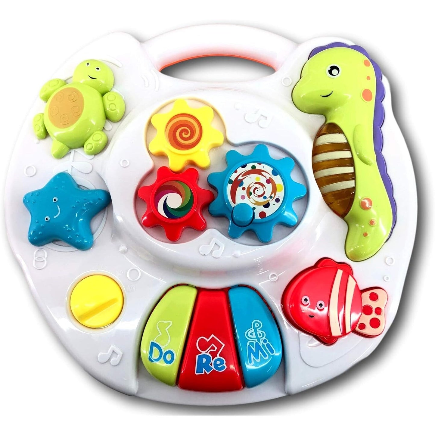 Masa de activitati muzicale 2in1 Macvi®, pentru bebelusi, cu pian, lumini si sunete, detasabila, prindere pentru patut, alb-albastru