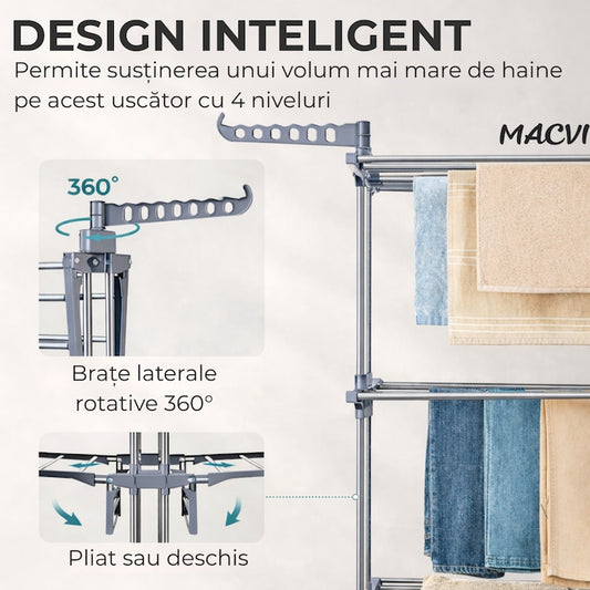 Uscator vertical pentru rufe Macvi®, cu 3 nivele de uscare, mobil si pliabil, suport umerase, gri