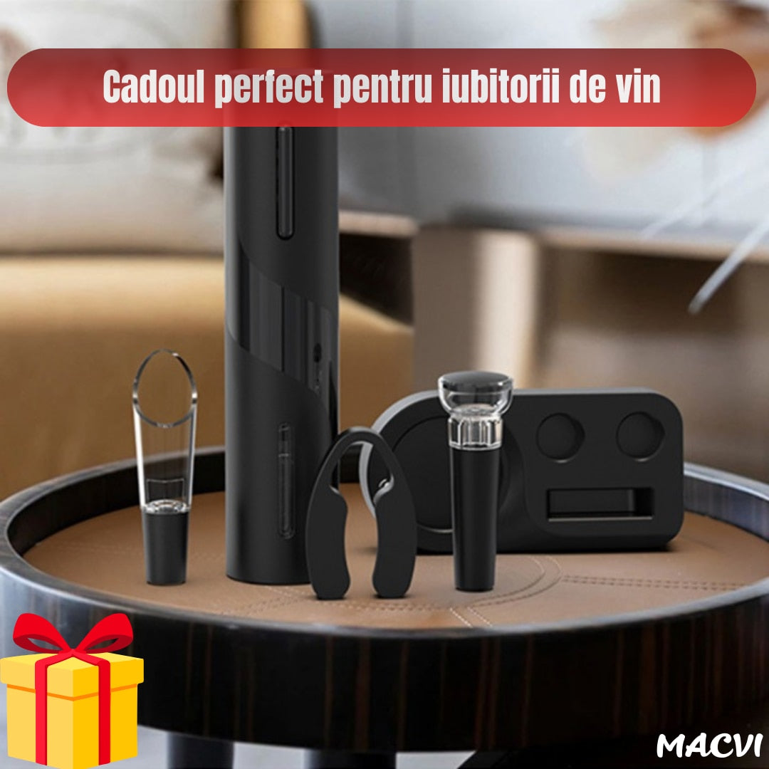 Set Electric Macvi® Deschizator de Vin 5-in-1, Cu baterii, Foil Cutter, Aerator, Dop Vacuum, Negru, Design Elegant si Portabil