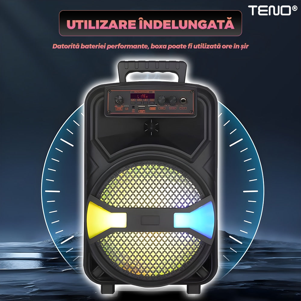 Boxa Portabila JBR009 Teno®, microfon inclus, telecomanda de control, lumini LED, panou de comanda, 6 moduri de conectare, autonomie ridcata, 1200W, negru