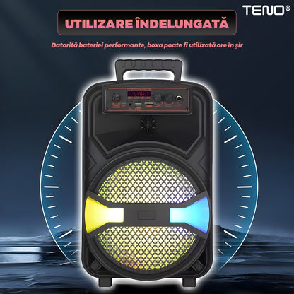 Boxa Portabila JBR009 Teno®, microfon inclus, telecomanda de control, lumini LED, panou de comanda, 6 moduri de conectare, autonomie ridcata, 1200W, negru