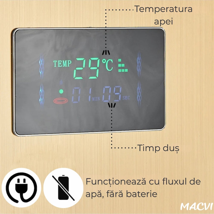 Panou dus Macvi® hidromasaj 5 functii LED digital inox auriu satin 120 cm, afisaj temperatura anticalcar dus tip ploaie cascada, para mobila, jeturi masaj baie, premium