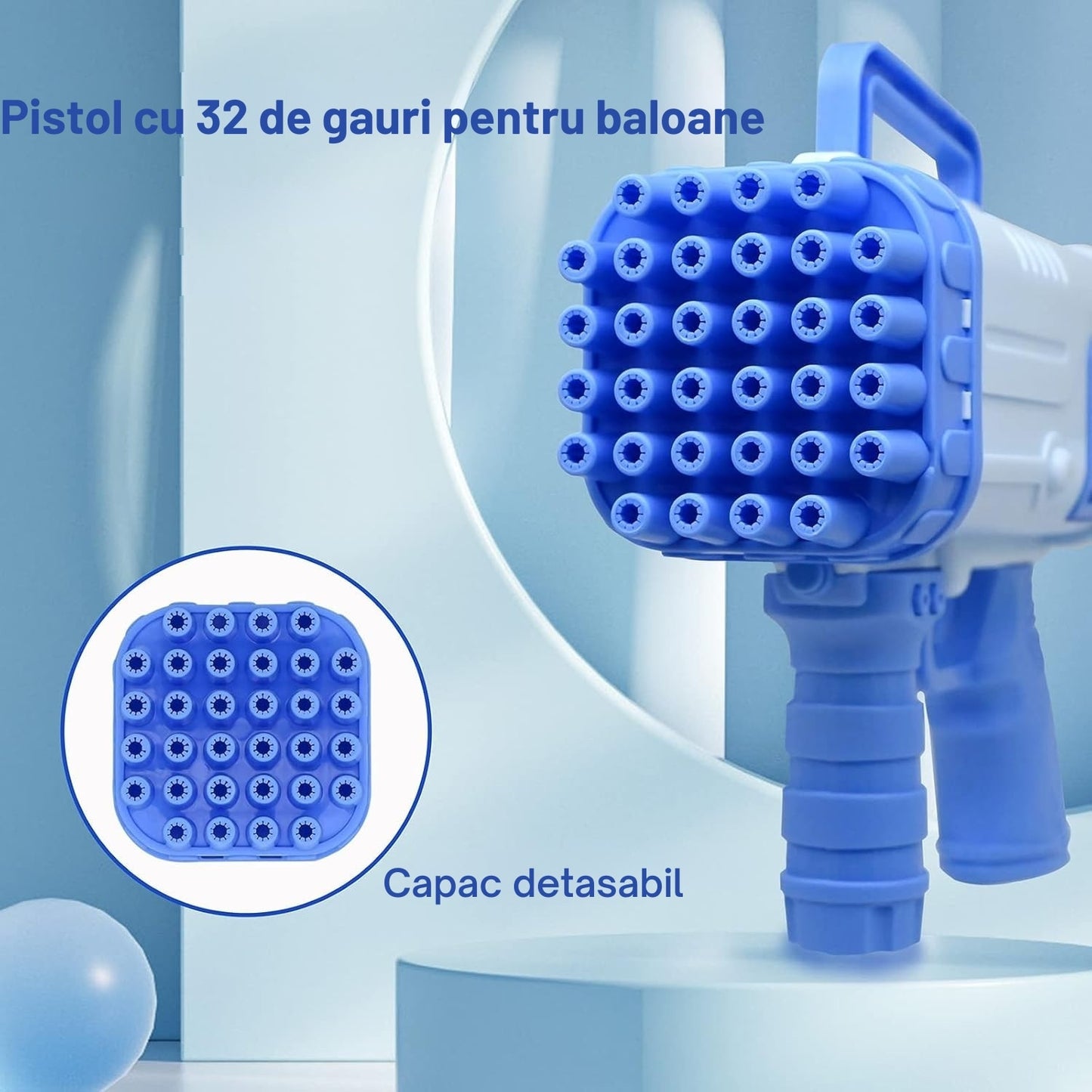 Pistol Baloane de Sapun Macvi® cu Lumini LED si Ventilator 32 Gauri Albastru