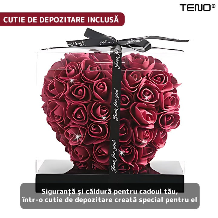 Inimioara din Trandafiri de Spuma Teno®, floral burgundy, handmade, cutie transparenta, eleganta si naturala, nemuritoare, 17 cm