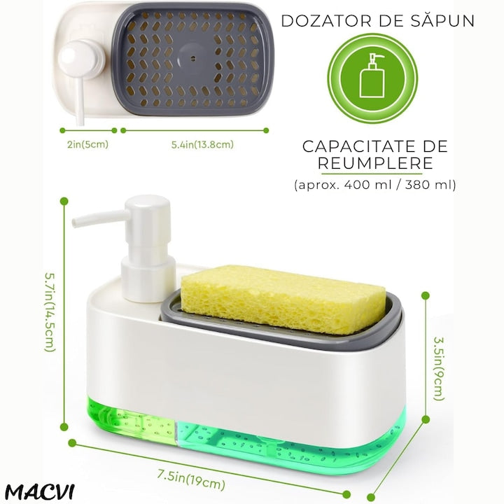 Dozator sapun Macvi® cu pompa dubla si suport burete dozator detergent vase si sapun de maini design compact pentru chiuveta