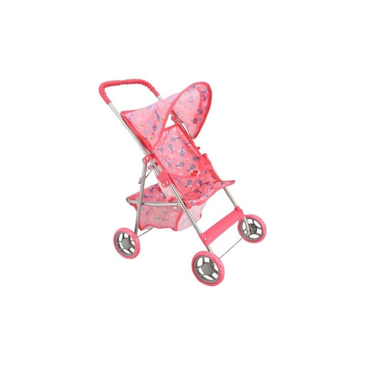 Carucior pliabil pentru papusi Macvi®, cadru metalic rezistent, 4 roti stabile, maner reglabil, cos de depozitare, design realist, roz