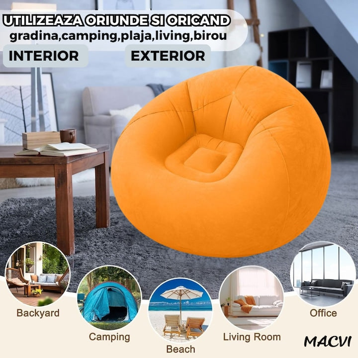 Fotoliu Gonflabil Macvi® Lazy Bag cu pompa inclusa, 110x110x85 cm, Confort Maxim, Portabila, pentru Interior si Exterior, Culoare Portocaliu