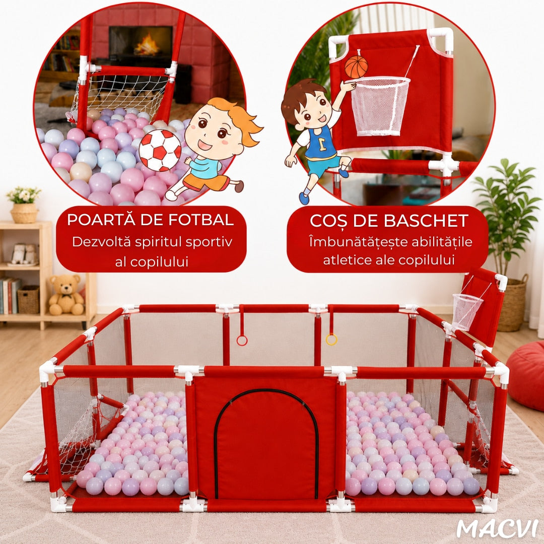 Tarc pentru copii Macvi® 100 bile incluse, gard de siguranta, 6 luni - 6 ani, 190x129x66 cm, usor de montat, otel inoxidabil, rosu