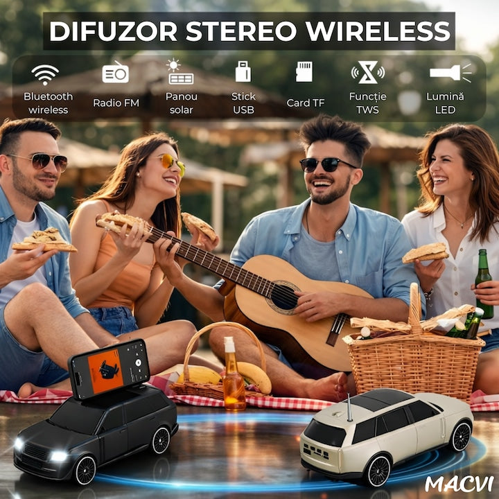 Boxa Portabila Macvi®, Bluetooth 5.0 cu design de masina, faruri luminate, incarcare usb si panou solar, functie suport pentru telefon, negru