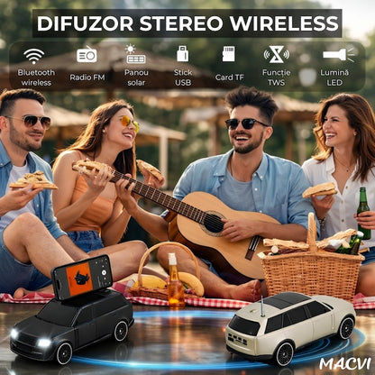 Boxa Portabila Macvi®, Bluetooth 5.0 cu design de masina, faruri luminate, incarcare usb si panou solar, functie suport pentru telefon, negru