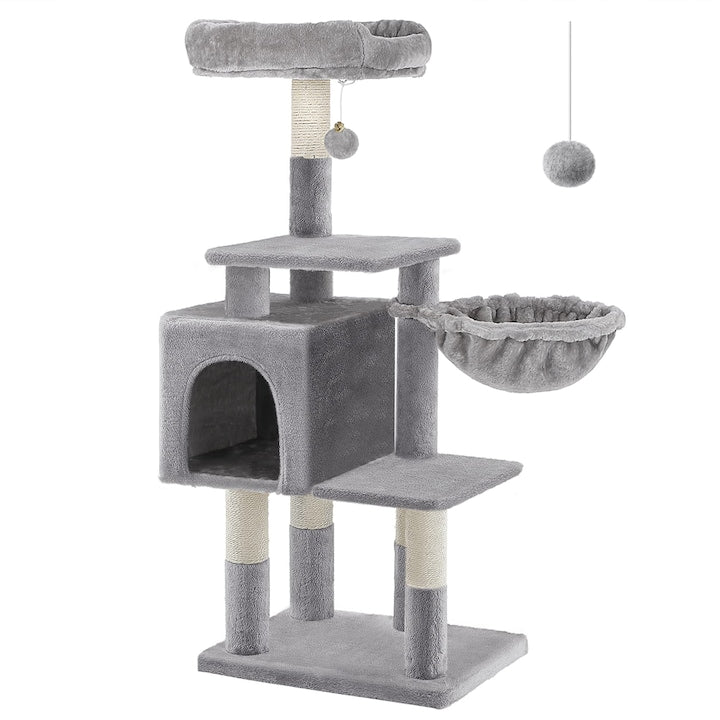 Ansamblu de Joaca pentru Pisici Teno®, cu 3 platforme de observatie, 3 niveluri, 1 casuta, franghie si minge de joaca, stalpi pentru zgariat, captuseala extra moale, structura stabila, 110 cm, gri