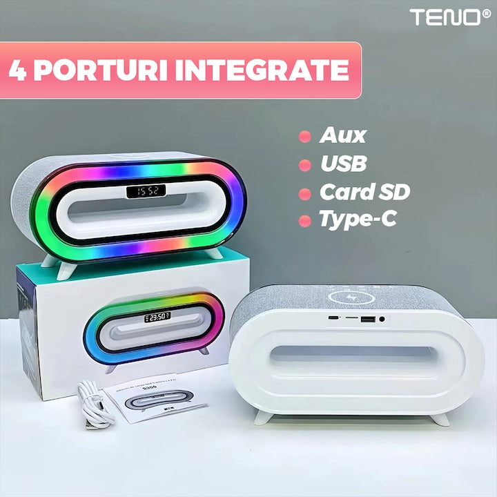 Boxa Multifunctionala 3 in 1 Teno®, lampa LED RGB, incarcator de gadgeturi wireless, functie de radio, 4 porturi integrate, design modern, alb