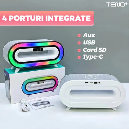 Boxa Multifunctionala 3 in 1 Teno®, lampa LED RGB, incarcator de gadgeturi wireless, functie de radio, 4 porturi integrate, design modern, alb