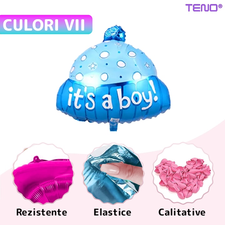 Set 7 Baloane Teno®, pentru Petreceri/Evenimente, bebe, biberon, caciulita, confetti, model GENDER REVEAL, multicolor