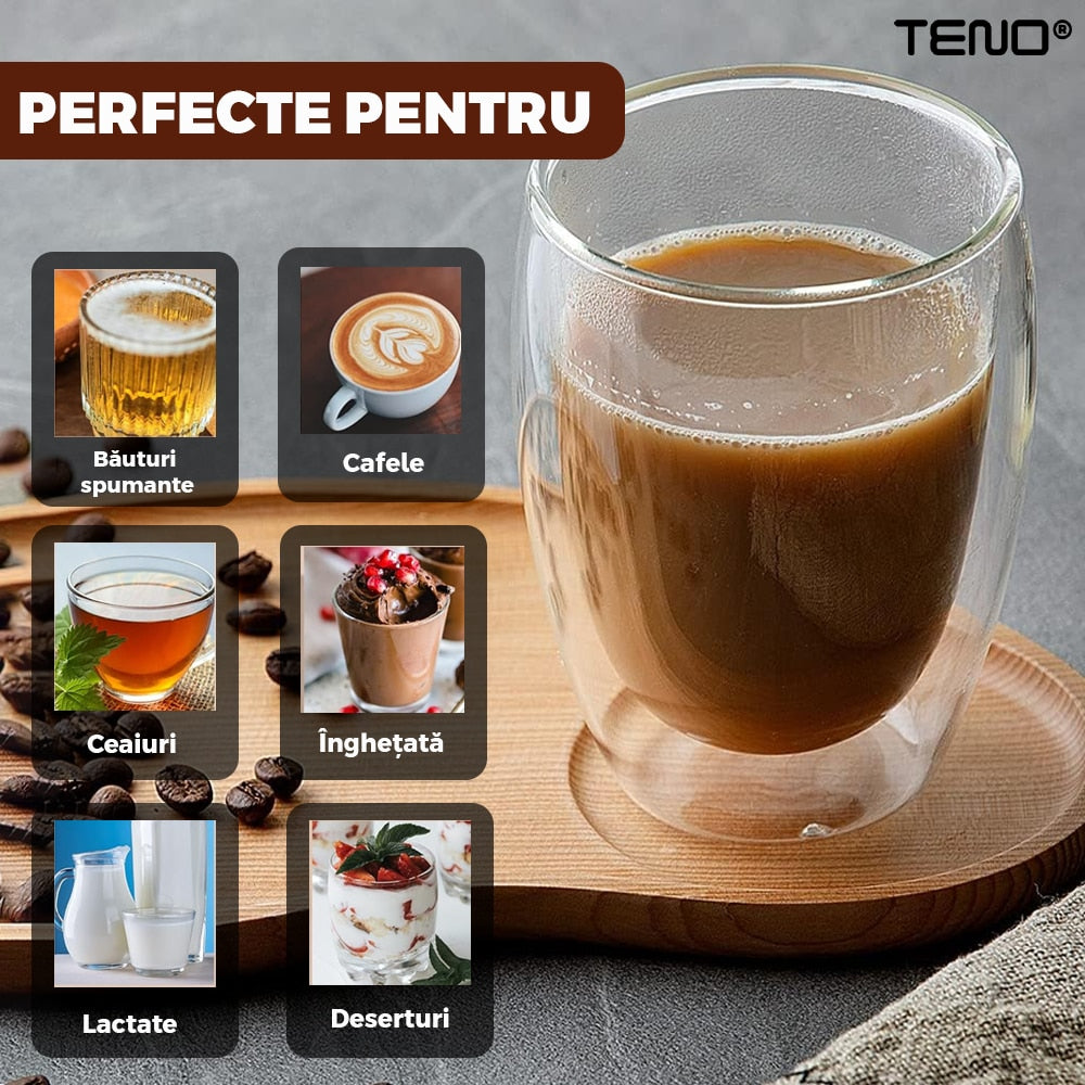 Set 4 Pahare din Sticla cu Perete Dublu Teno®, termorezistente, design modern, capacitate 250 ml, 9 x 8 cm