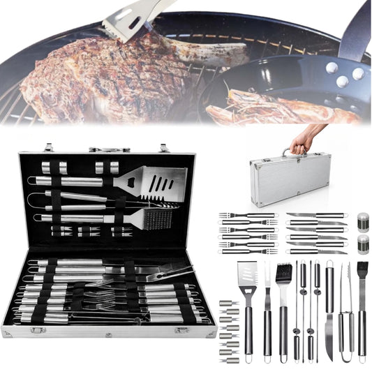 Set accesorii gratar Macvi® 25 piese, otel inoxidabil premium, geanta transport aluminiu captusita 43x27x8cm
