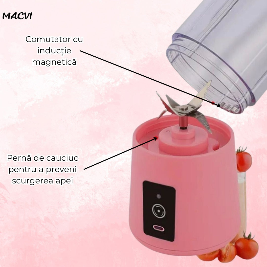 Mini Blender Electric Macvi® ,75 W,1x USB, 380 ml, Roz