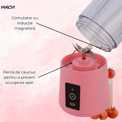 Mini Blender Electric Macvi® ,75 W,1x USB, 380 ml, Roz