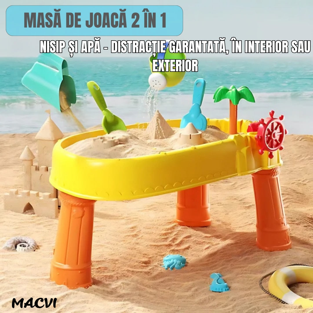 Masa de apa 2 in 1 Macvi® pentru copii, cu 8 accesorii interactive, multicolor, recomandata 3 ani+